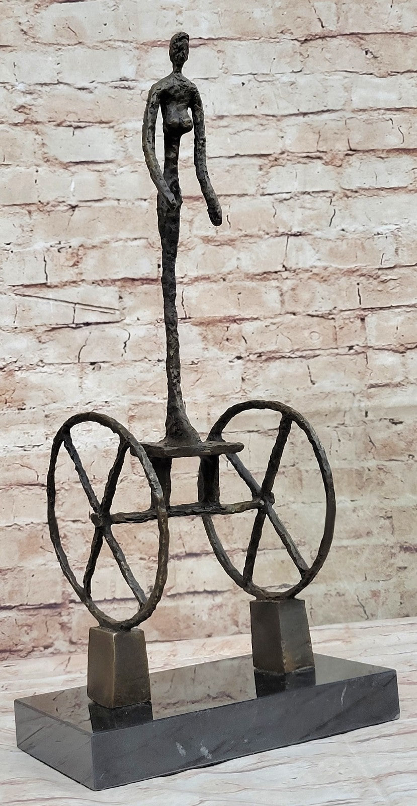 Handcrafted Cubist Modern Chariot with Female Rider Bronze Sculpture Figurine