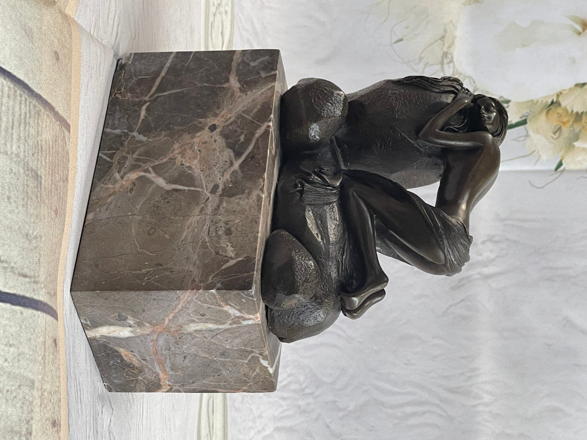 Nude Naked Female Home Base And Marble Rock Handcrafted Bronze Sculpture Art