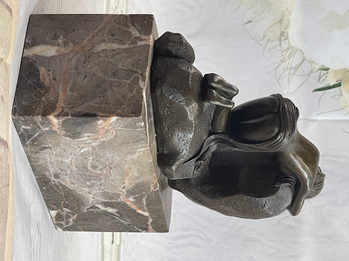 Nude Naked Female Home Base And Marble Rock Handcrafted Bronze Sculpture Art