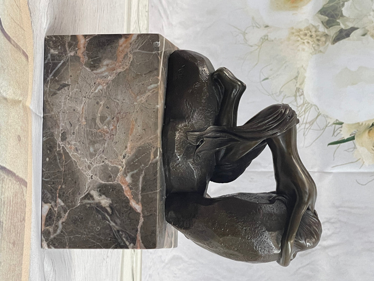 Nude Naked Female Home Base And Marble Rock Handcrafted Bronze Sculpture Art