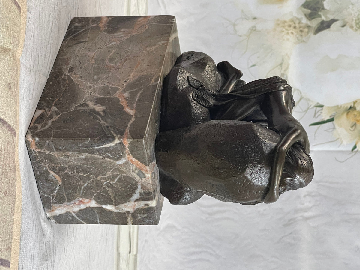 Nude Naked Female Home Base And Marble Rock Handcrafted Bronze Sculpture Art