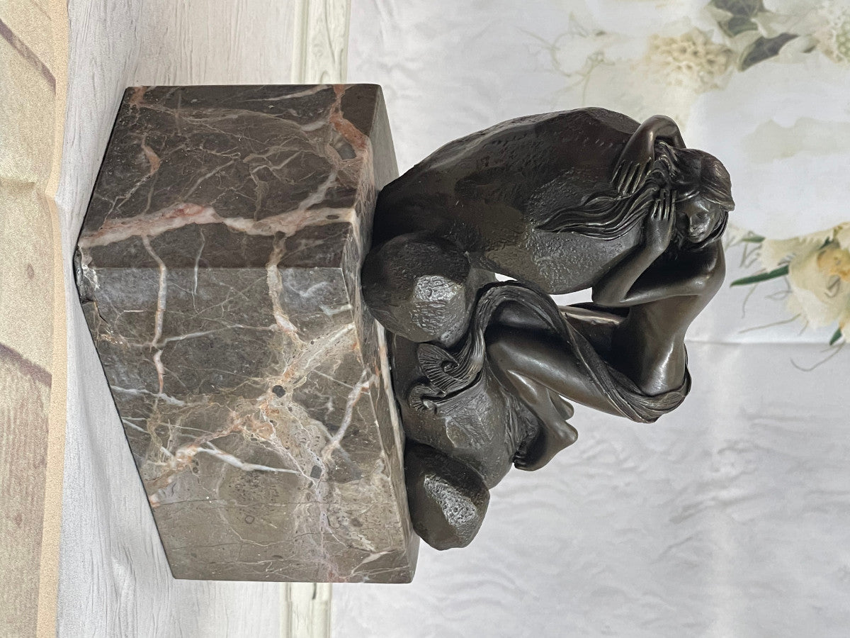 Nude Naked Female Home Base And Marble Rock Handcrafted Bronze Sculpture Art