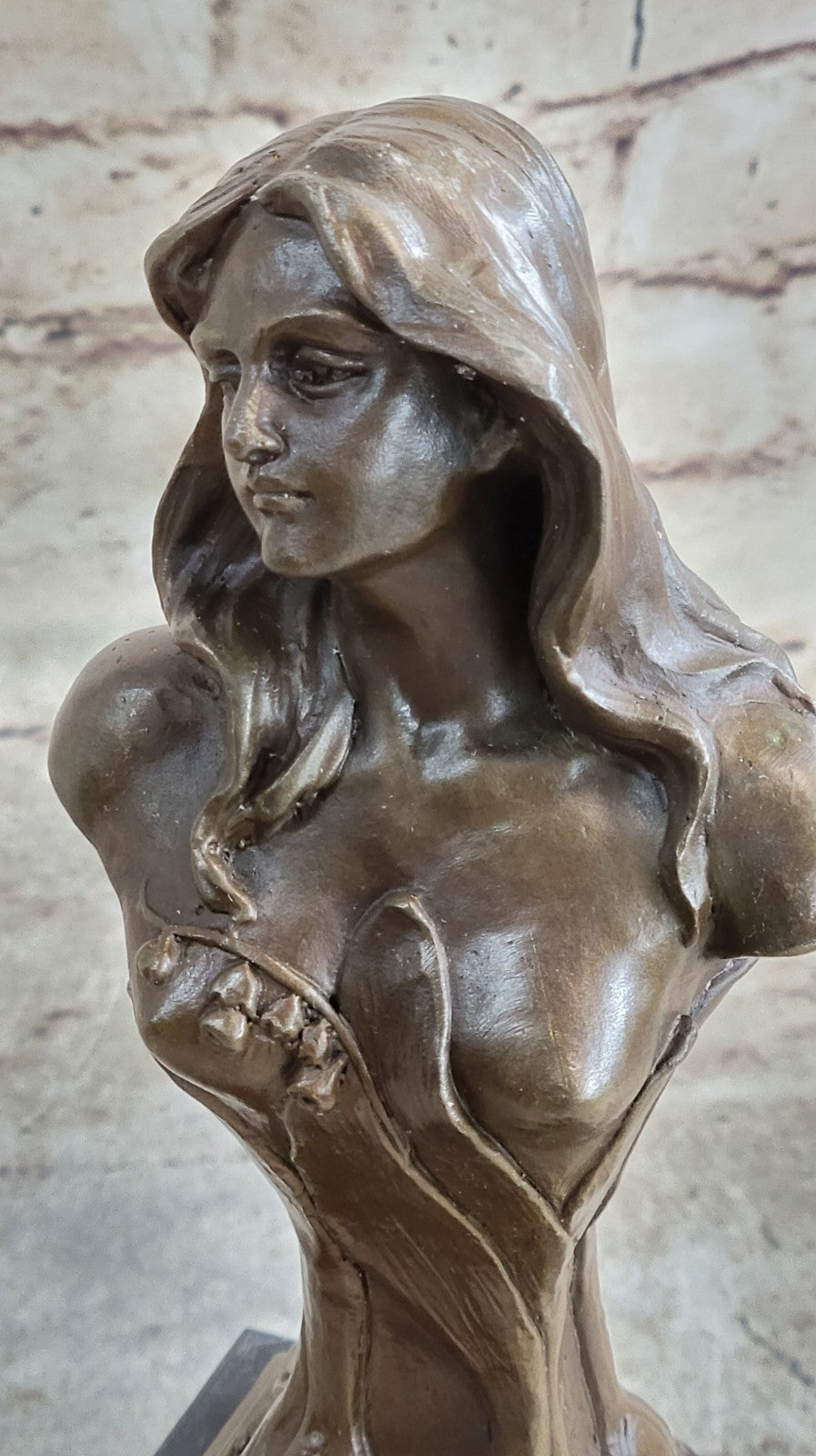 Elegant Female Portrait Bust Classic Beauty Bronze Marble Statue Partner Deco