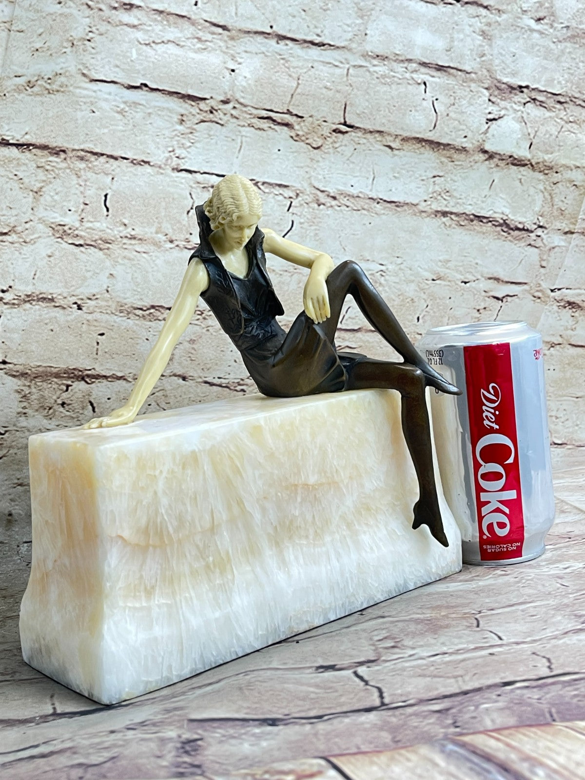 Art Nouveau Sexy Female Bronze & Faux Bone Sculpture on White Marble Base Figure