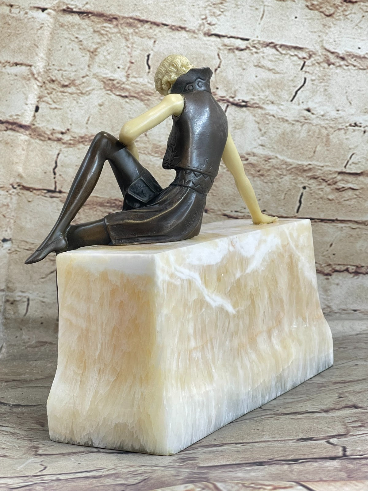 Art Nouveau Sexy Female Bronze & Faux Bone Sculpture on White Marble Base Figure