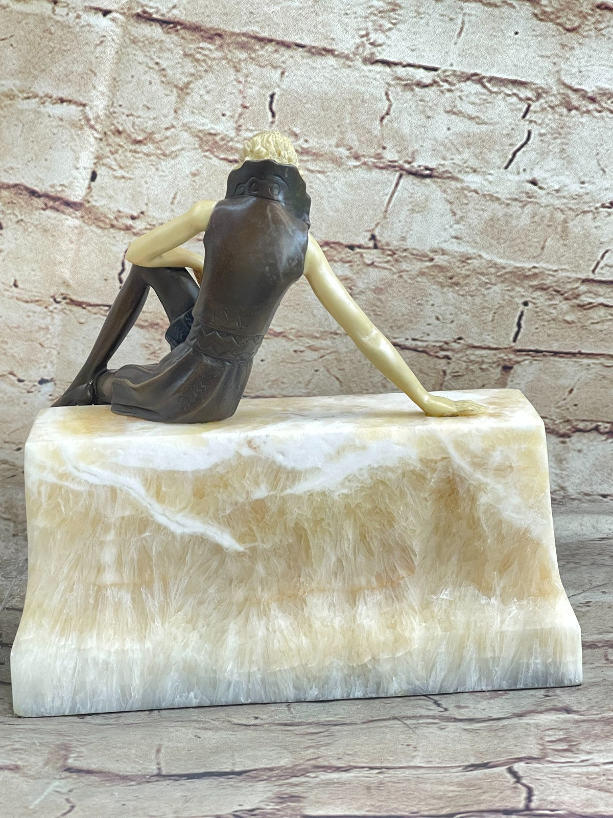 Art Nouveau Sexy Female Bronze & Faux Bone Sculpture on White Marble Base Figure
