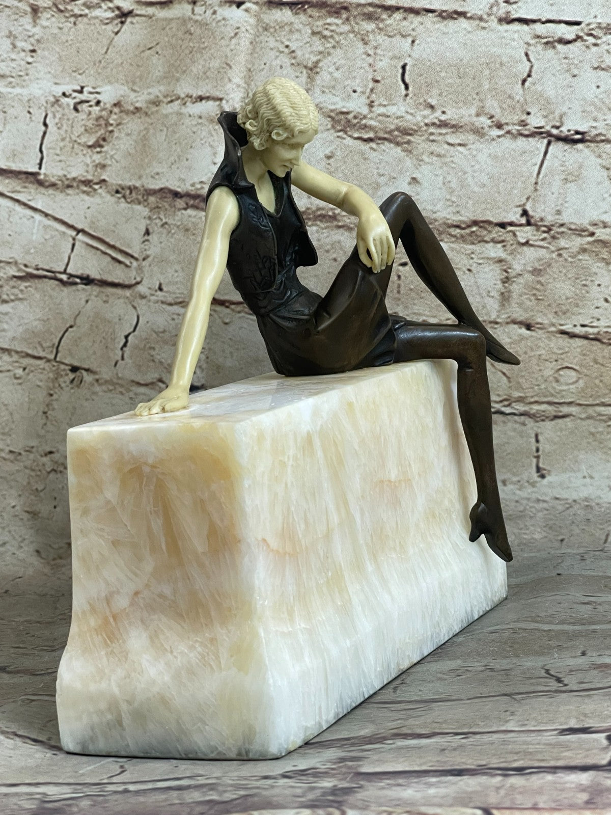 Art Nouveau Sexy Female Bronze & Faux Bone Sculpture on White Marble Base Figure