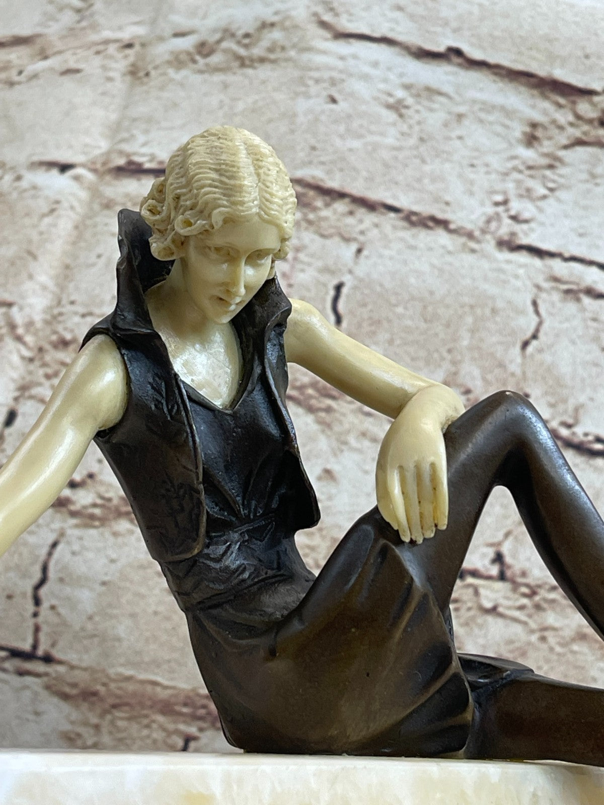 Art Nouveau Sexy Female Bronze & Faux Bone Sculpture on White Marble Base Figure