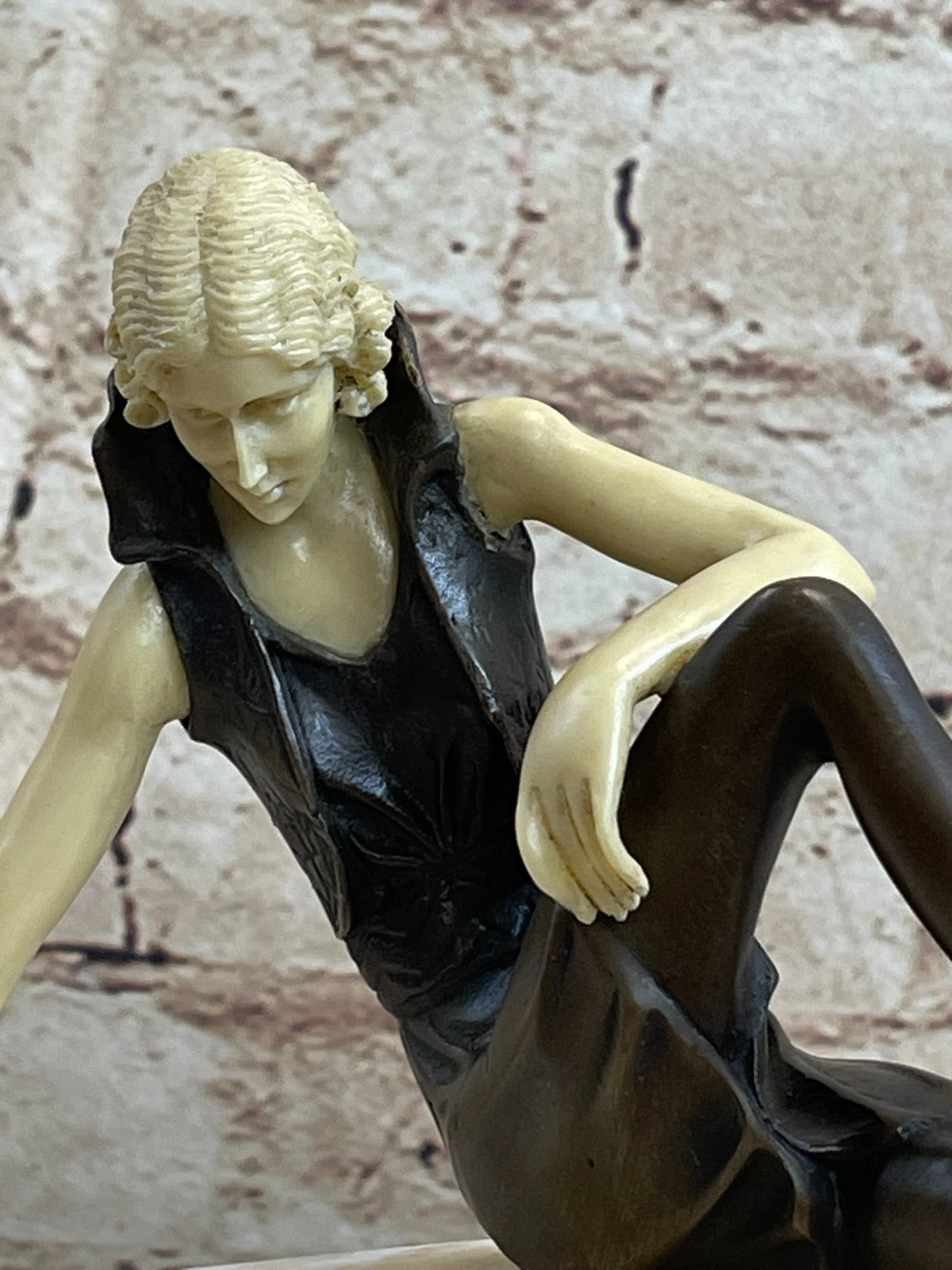 Art Nouveau Sexy Female Bronze & Faux Bone Sculpture on White Marble Base Figure