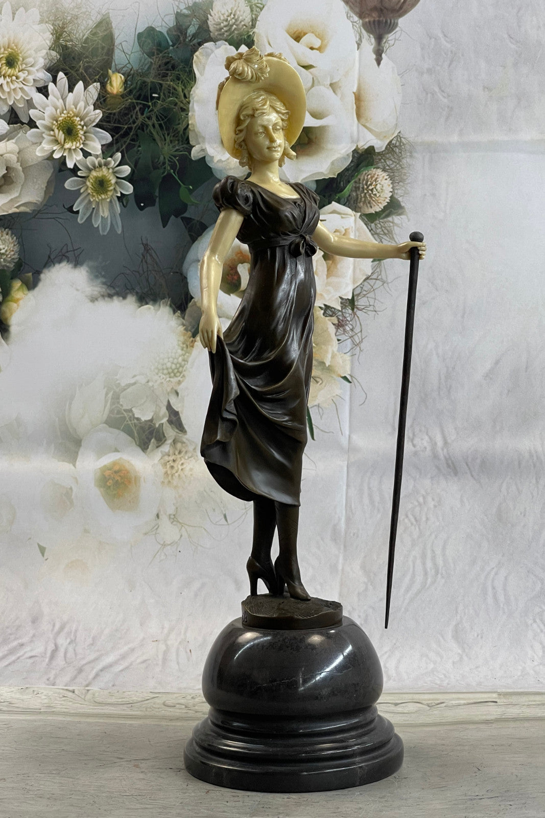 Bronze Sculpture Victorian Female Bronze Sculpture Marble Base Figurine Figure