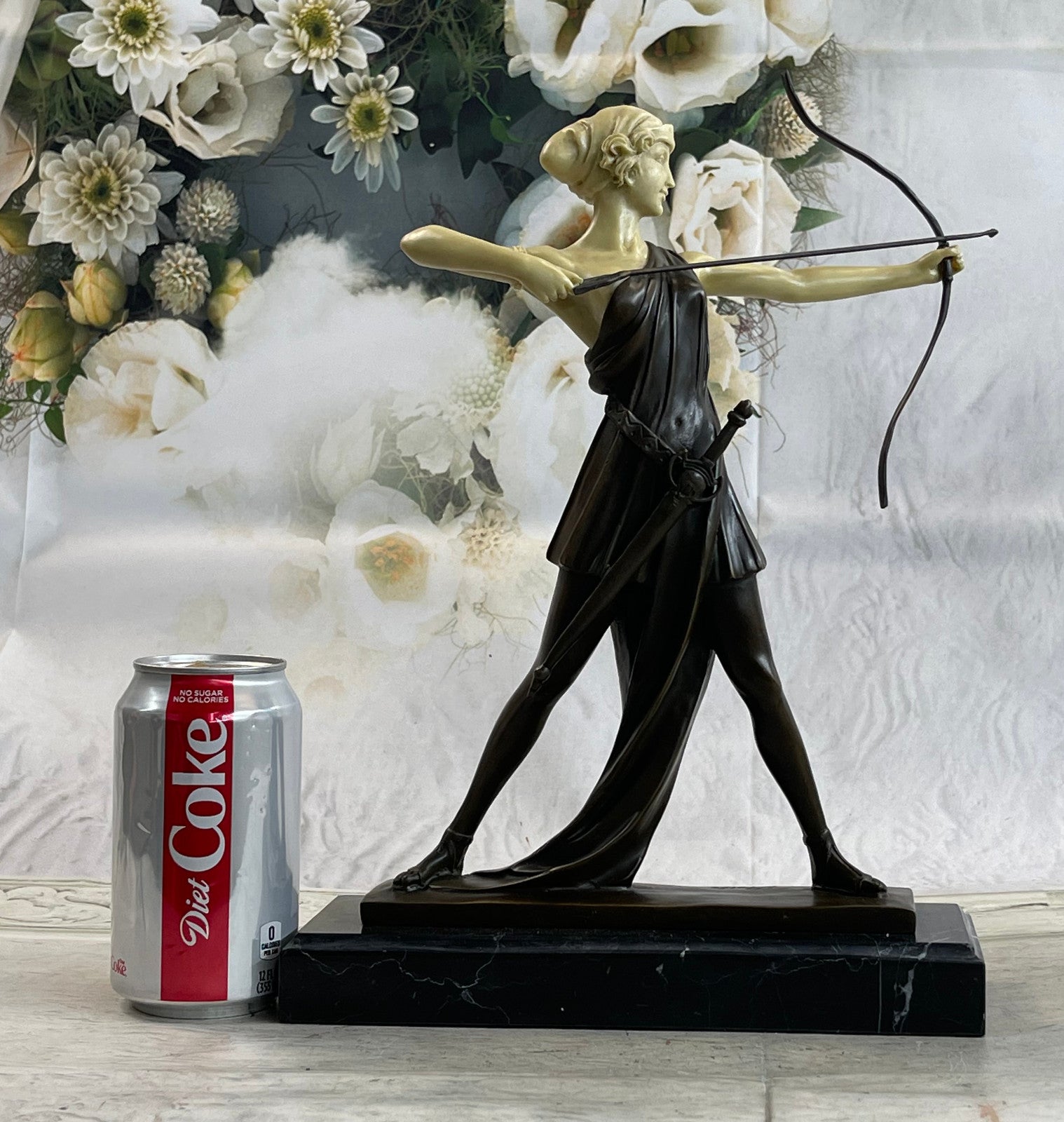 Diana with a bow statue made of bronze standing on a marble base Lost Wax Method