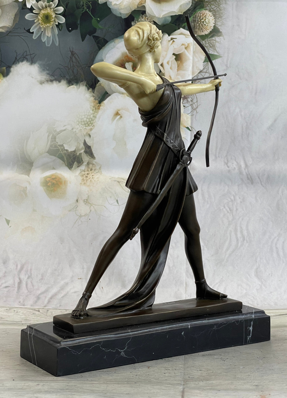 Diana with a bow statue made of bronze standing on a marble base Lost Wax Method