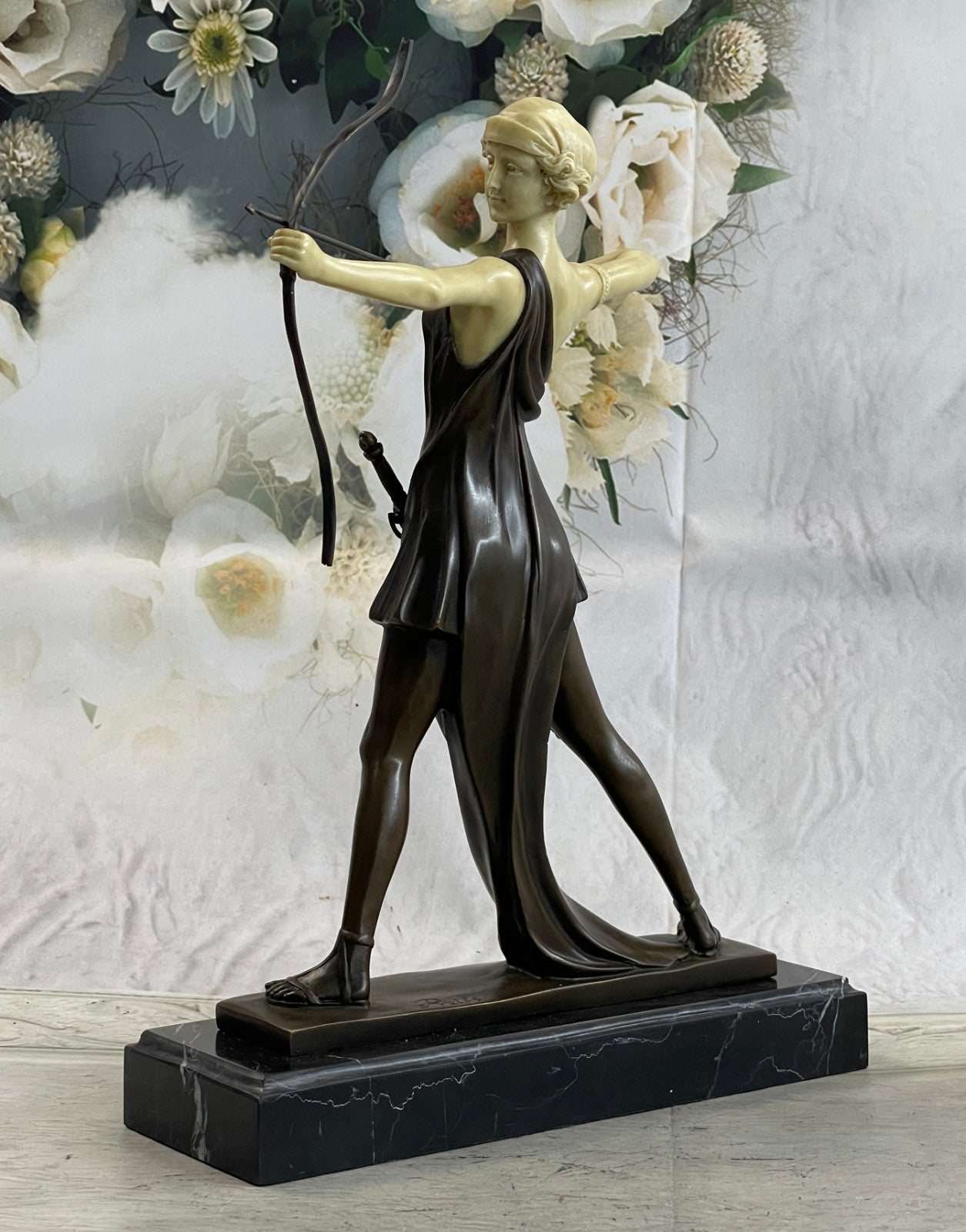 Diana with a bow statue made of bronze standing on a marble base Lost Wax Method