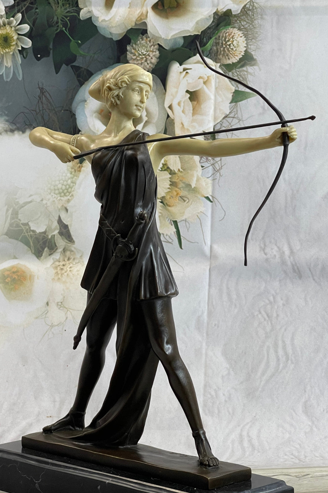 Diana with a bow statue made of bronze standing on a marble base Lost Wax Method