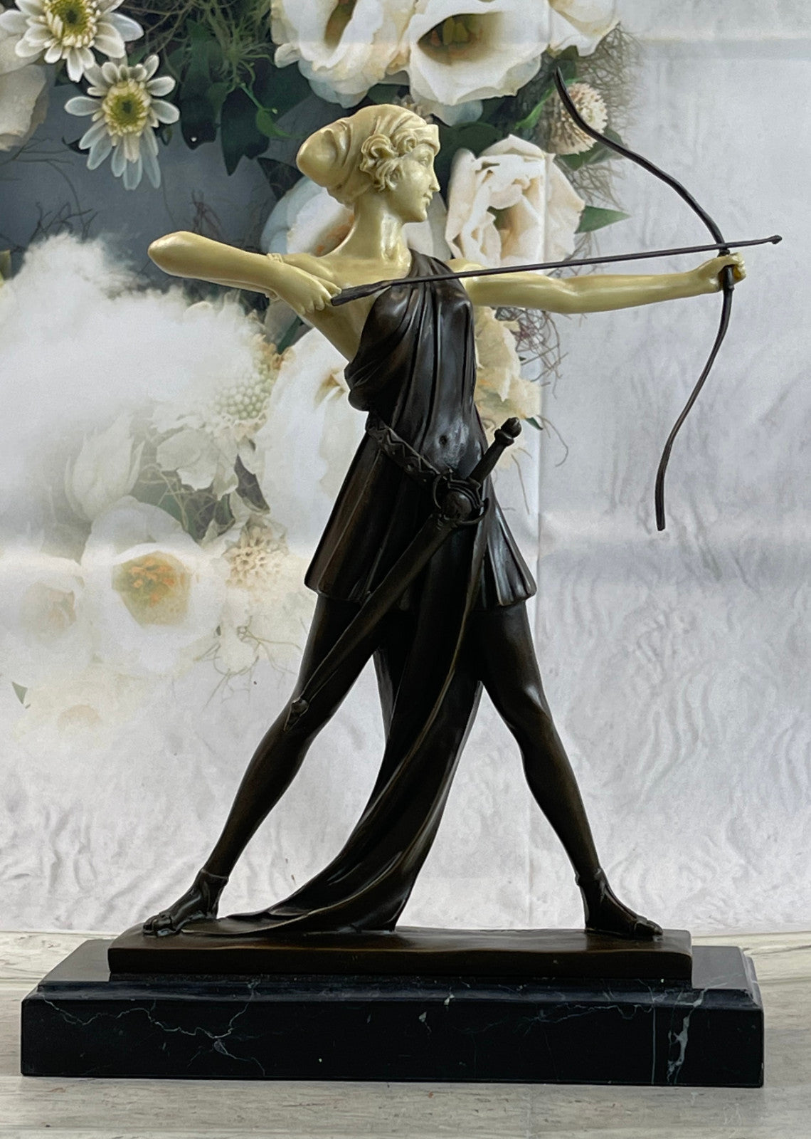 Diana with a bow statue made of bronze standing on a marble base Lost Wax Method