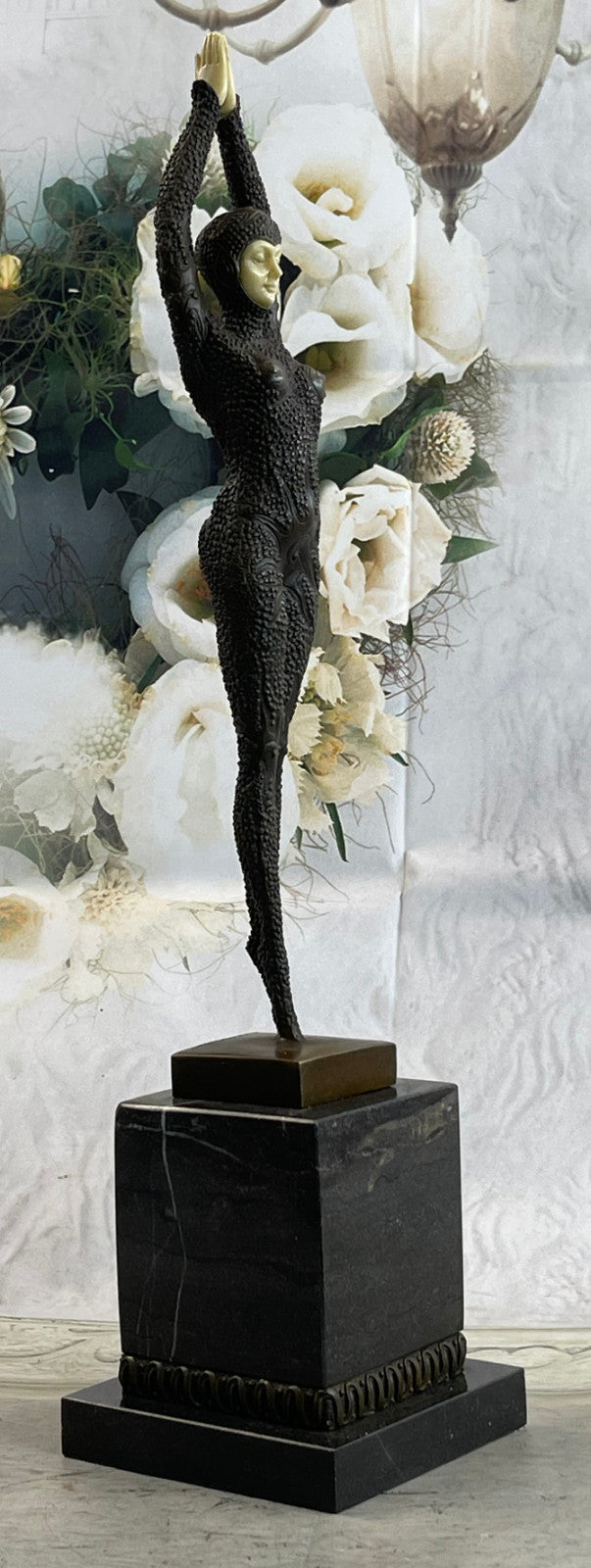 Signed Chiparus Art Nouveau  Arms Raised Lady Bronze And Faux Bone Sculpture Fig