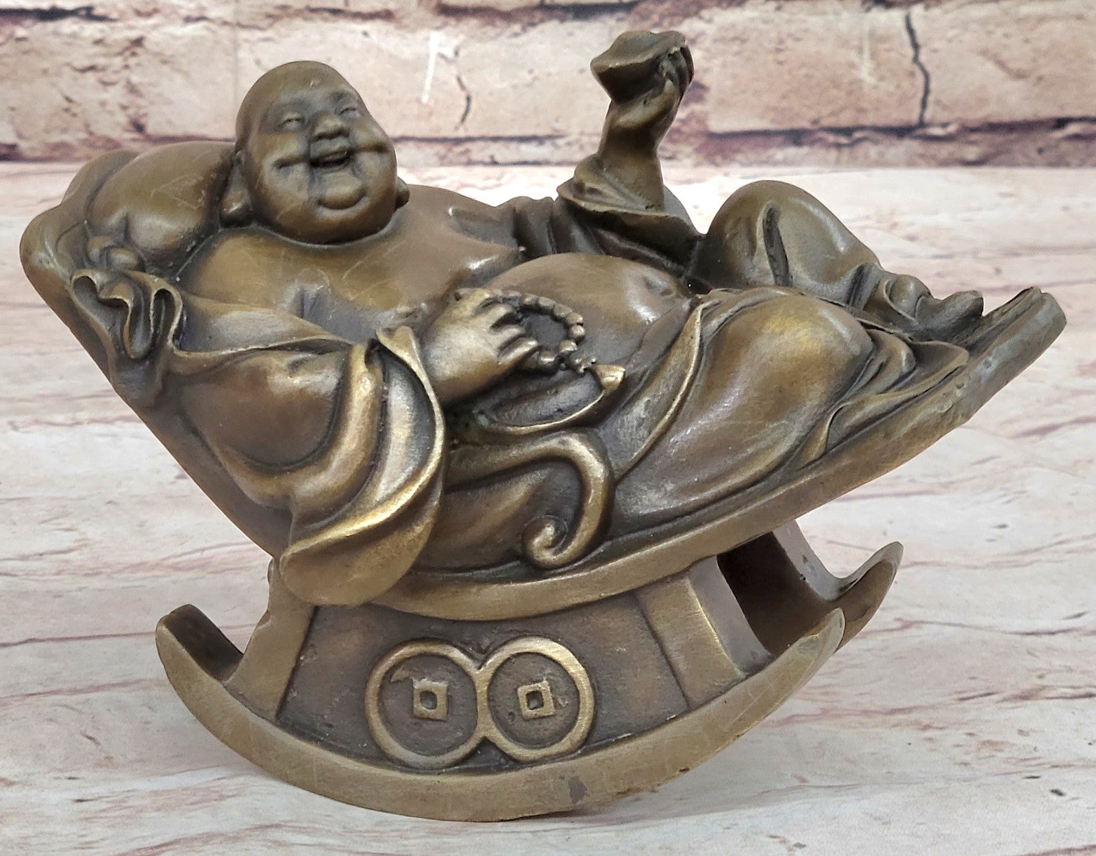 Laughing Fat Buddha Bronze Sculpture: Handmade Joyous Vintage Artwork Sale
