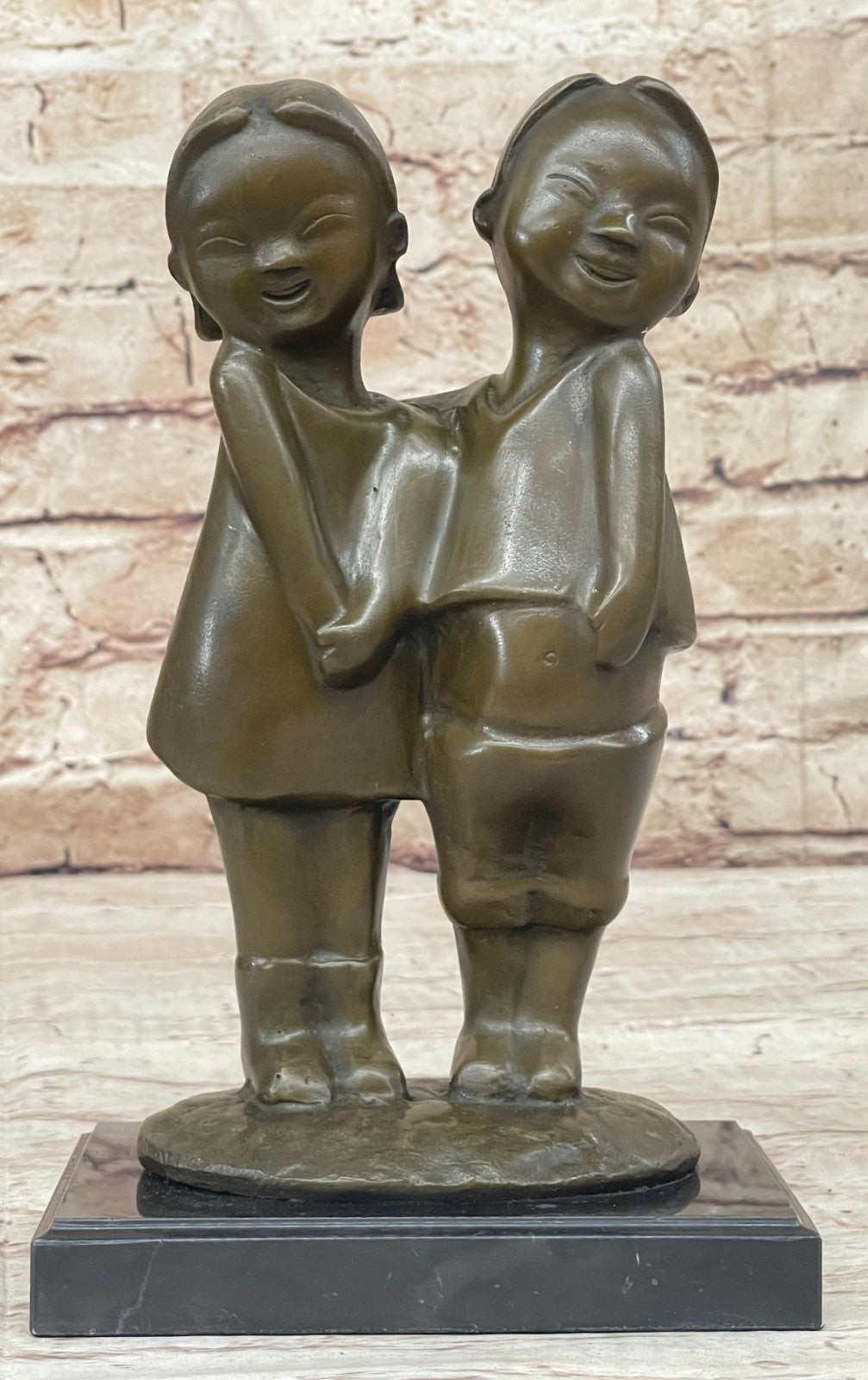 B.C Zhang Collectible Bronze Sculpture: Chinese Brother and Sister Smiling Children