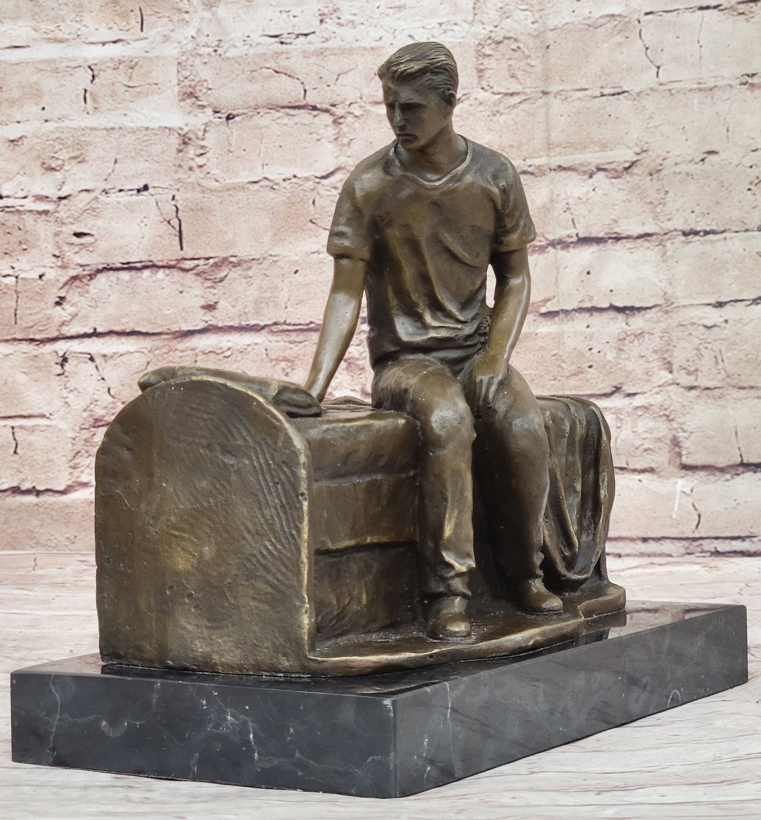 Hot Cast Fine Art: Aldo Vitaleh`s Bronze Thinking Man on Bench - Genuine Sculpture