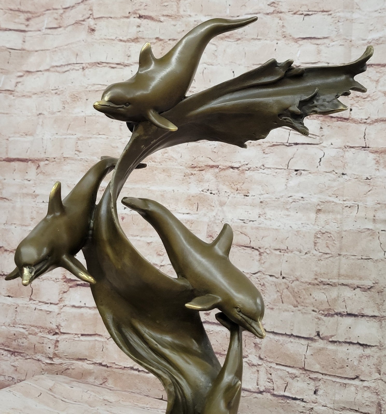 Handmade Bronze Sculpture: Four Dolphins Swimming Ocean Sea Fish Figurine