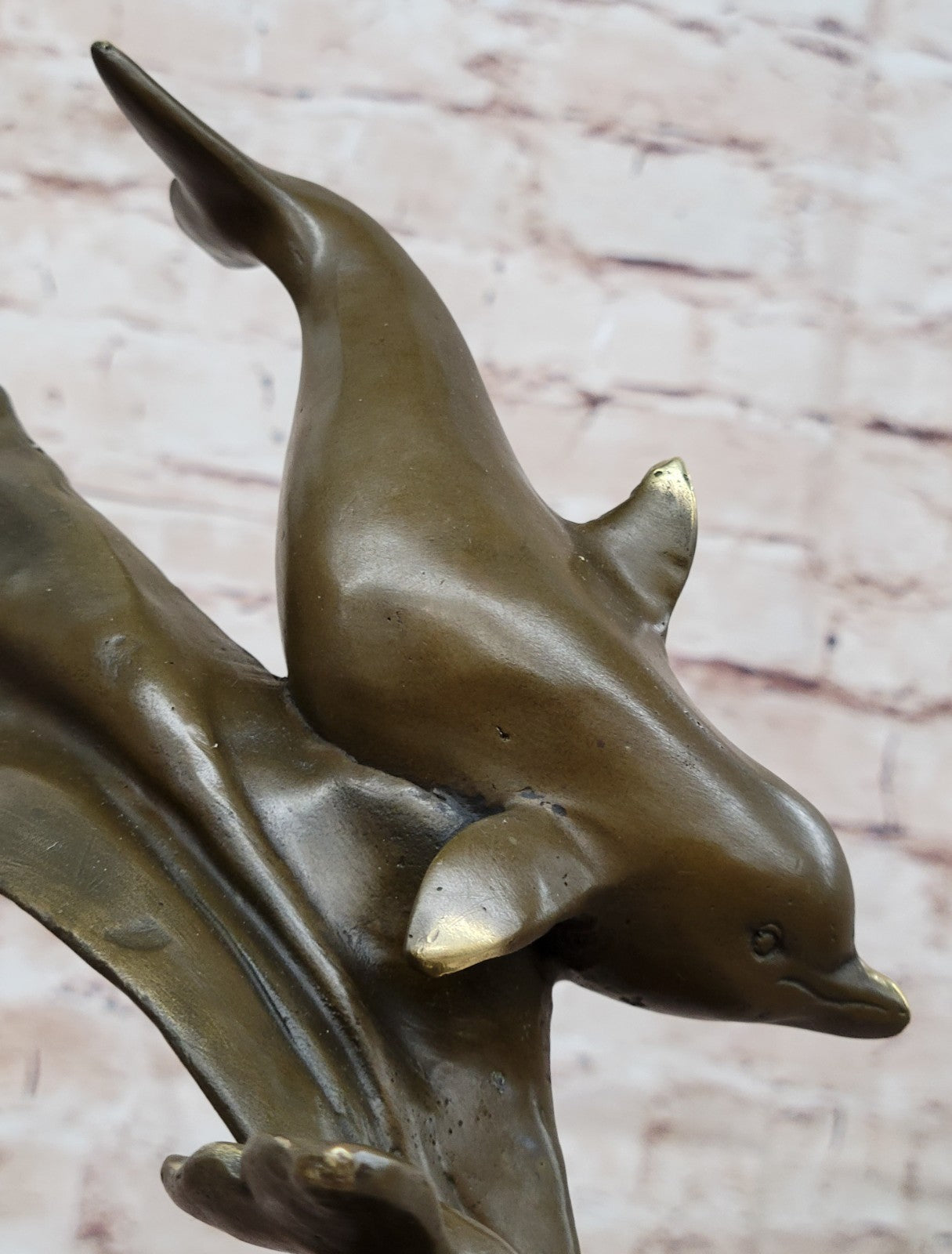 Handmade Bronze Sculpture: Four Dolphins Swimming Ocean Sea Fish Figurine