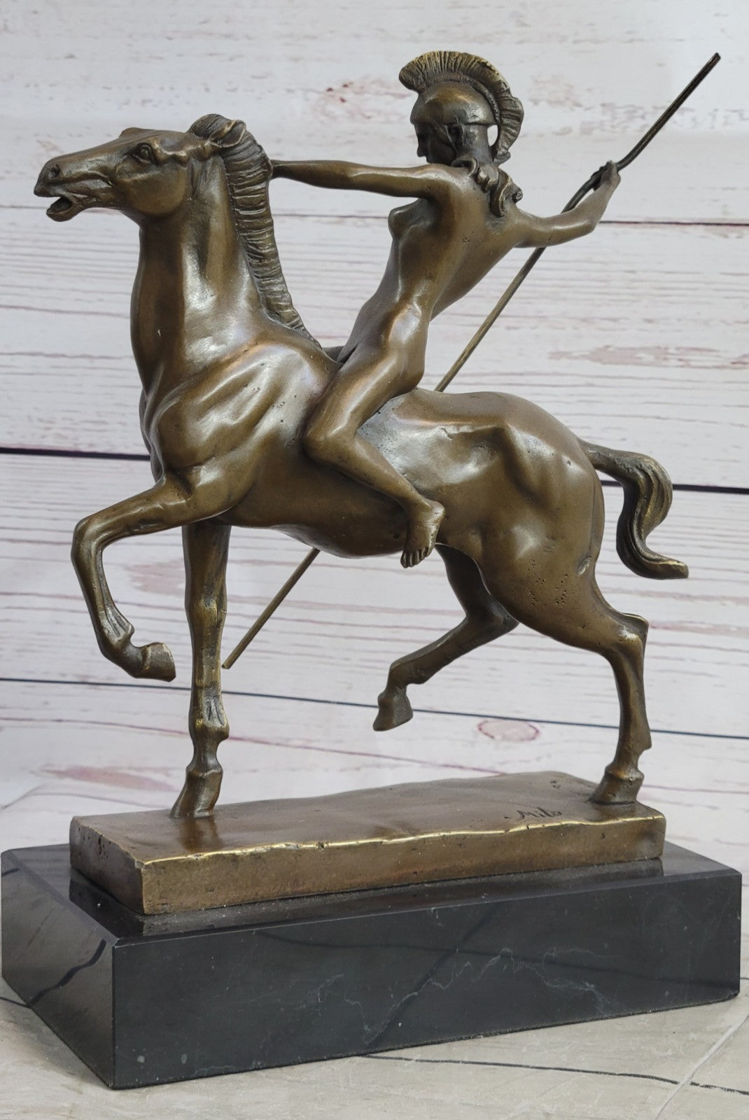 Genuine Bronze Greek Female Amazon A Spear Riding Horse Sculpture Figurine Deco