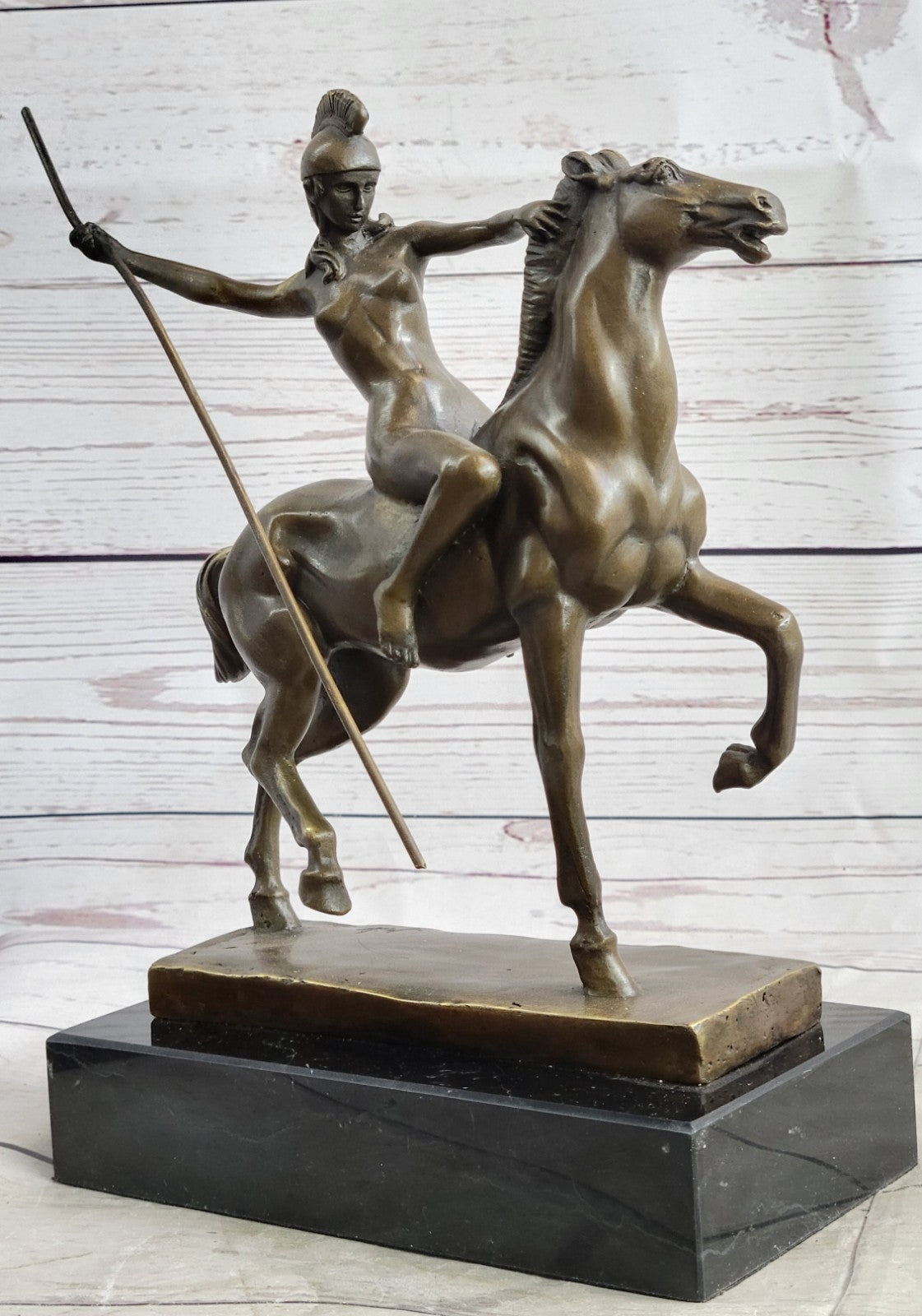 Genuine Bronze Greek Female Amazon A Spear Riding Horse Sculpture Figurine Deco