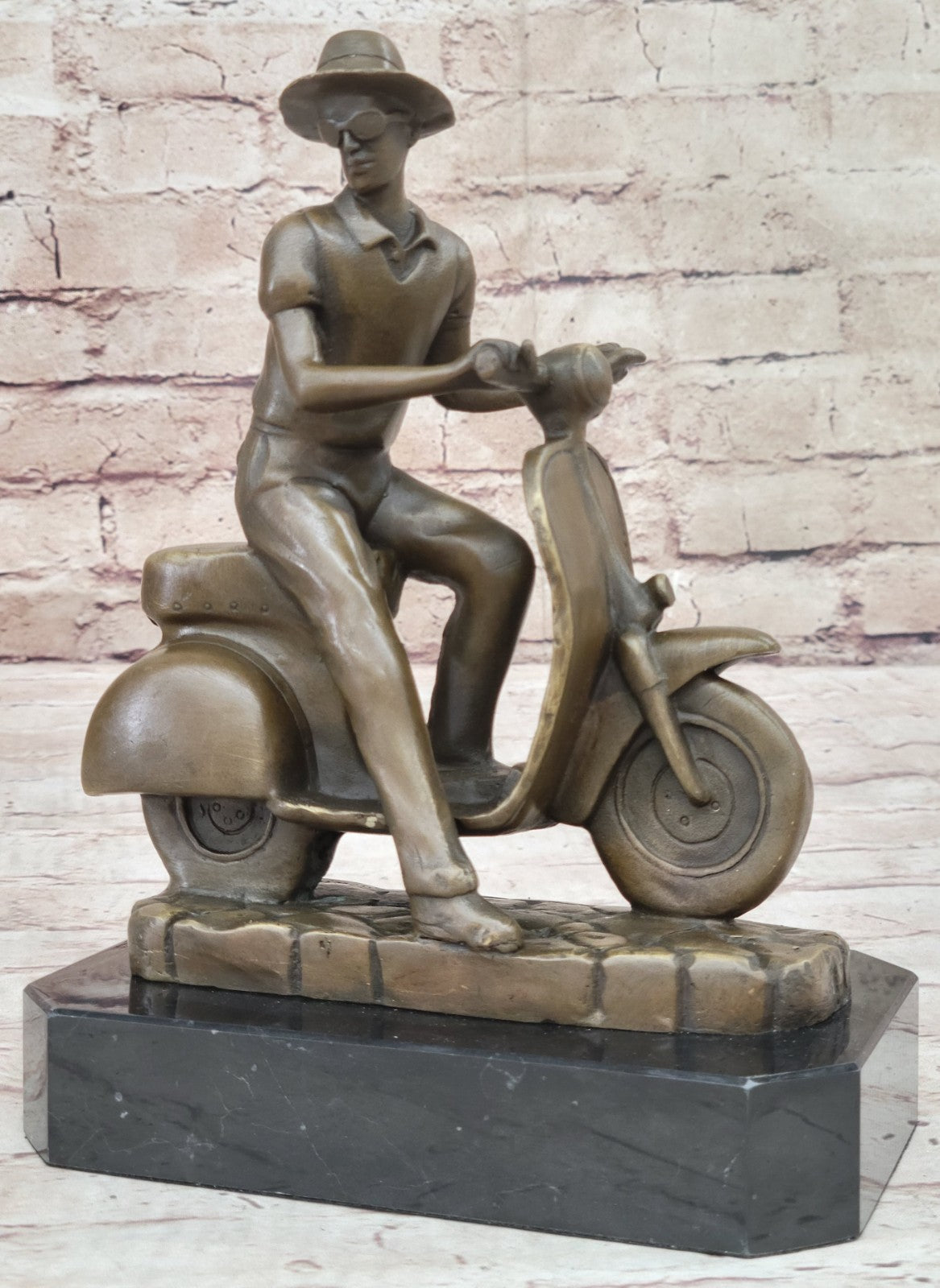Modern Asian Man on Moped Bike Solid Bronze Sculpture Collectible Artwork Figurine Hot Cast