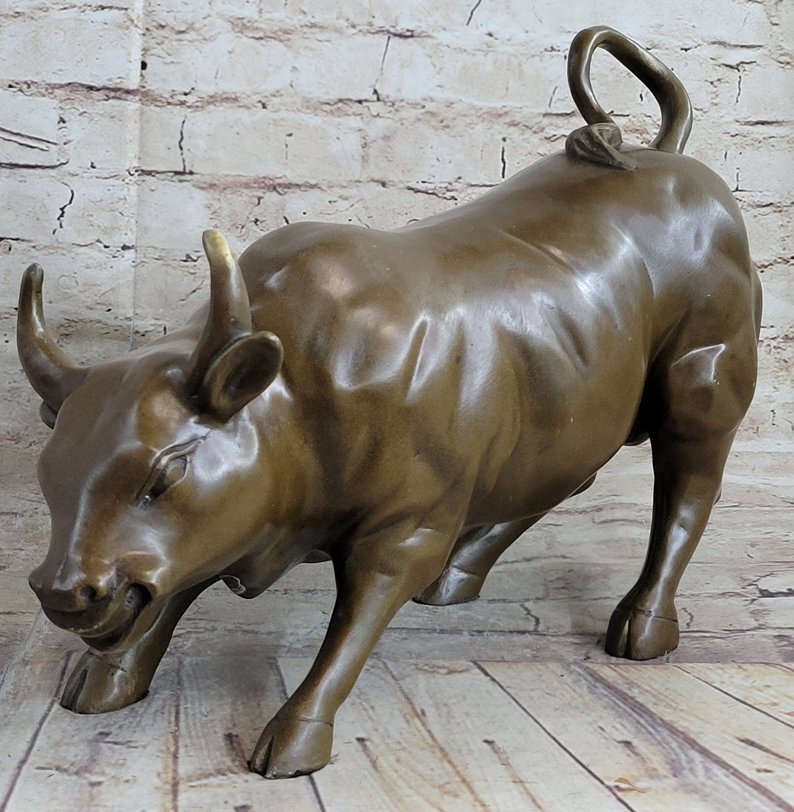 Large Magnificent Stock Market Bull Toro Bronze Sculpture Marble Base Statue Art