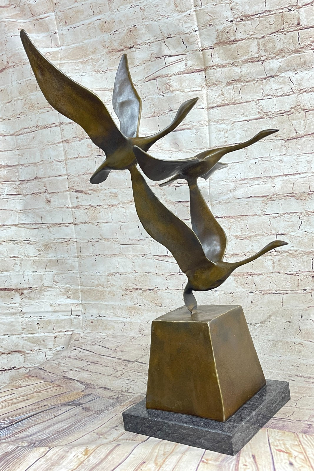 23" Art Deco Sculpture 3 Wild Large Duck Poultry Fly Bird Bronze Statue