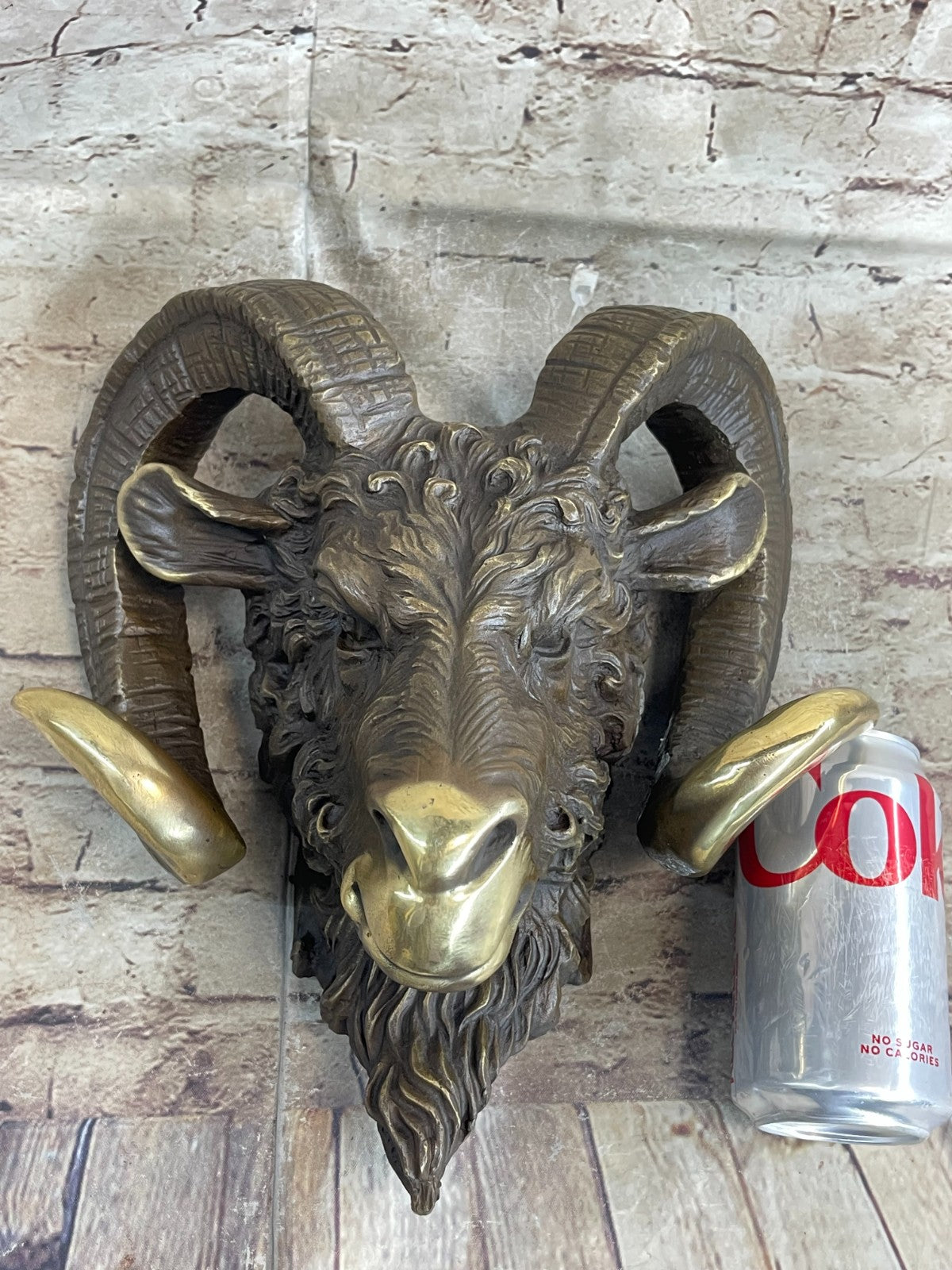 Signed Original Mascot Ram Head Bronze Sculpture Marble Base Statue Figurine Art