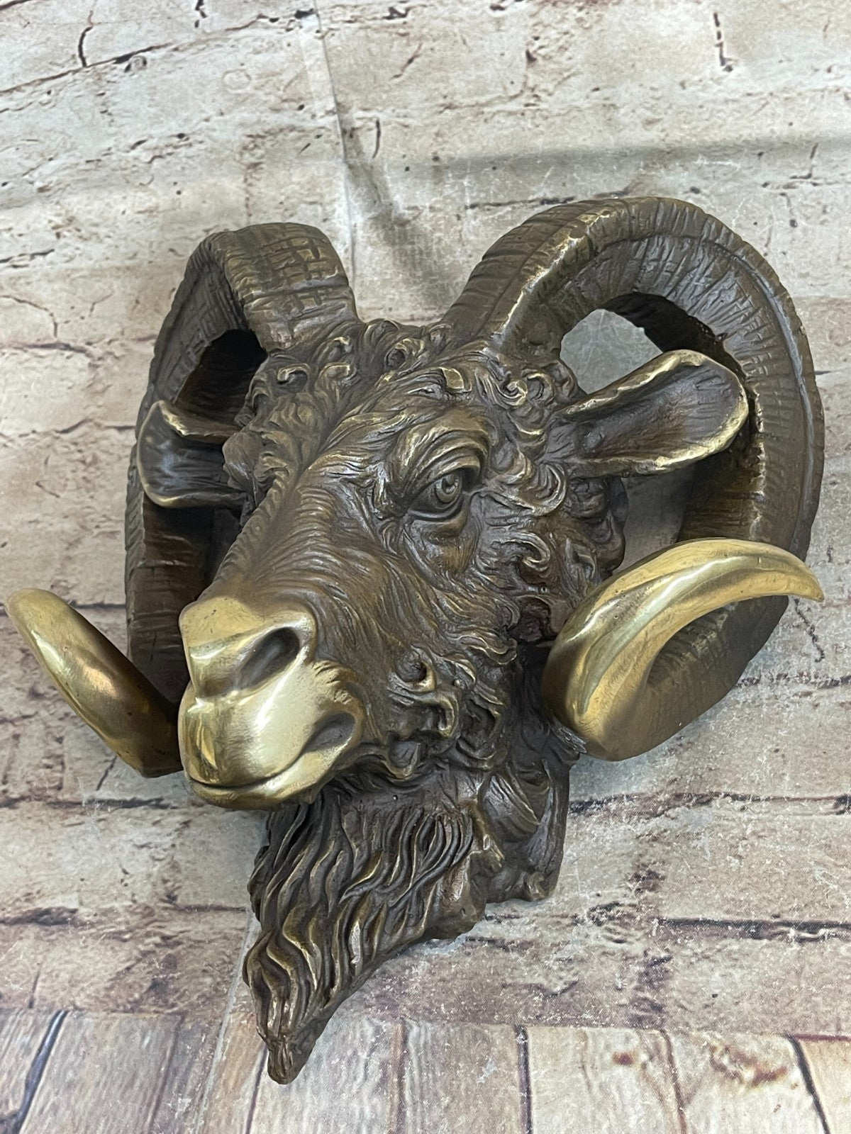 Signed Original Mascot Ram Head Bronze Sculpture Marble Base Statue Figurine Art