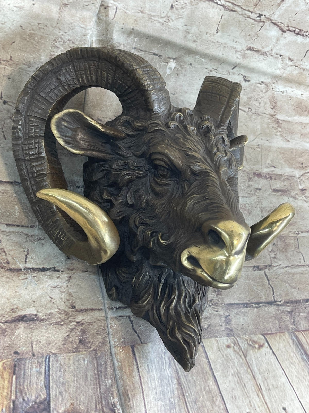 Signed Original Mascot Ram Head Bronze Sculpture Marble Base Statue Figurine Art