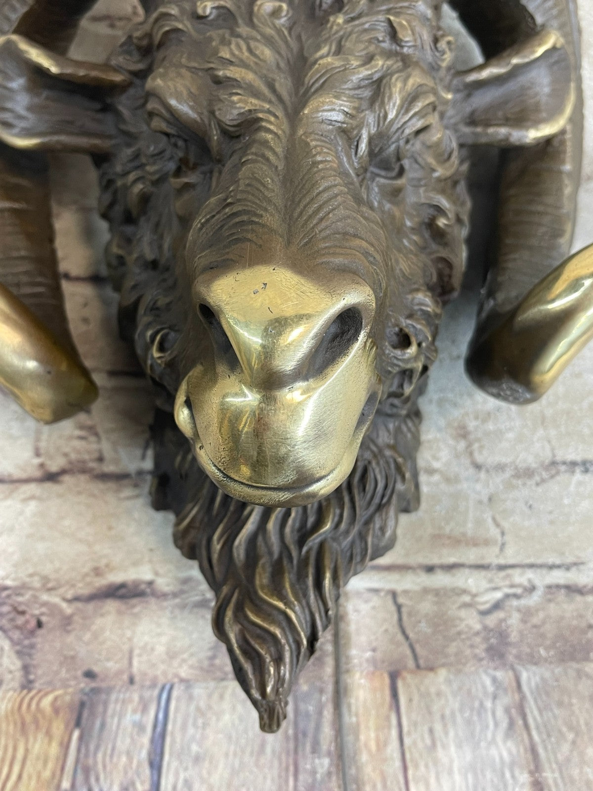 Signed Original Mascot Ram Head Bronze Sculpture Marble Base Statue Figurine Art