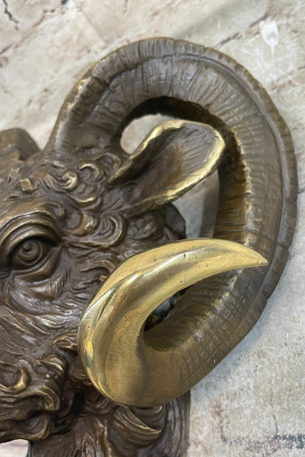 Signed Original Mascot Ram Head Bronze Sculpture Marble Base Statue Figurine Art