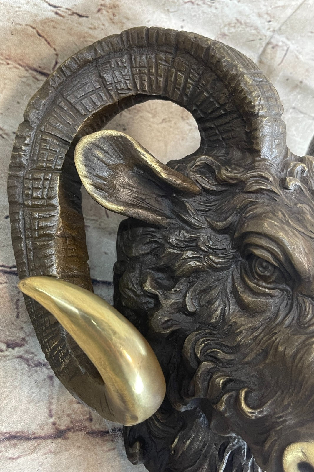 Signed Original Mascot Ram Head Bronze Sculpture Marble Base Statue Figurine Art