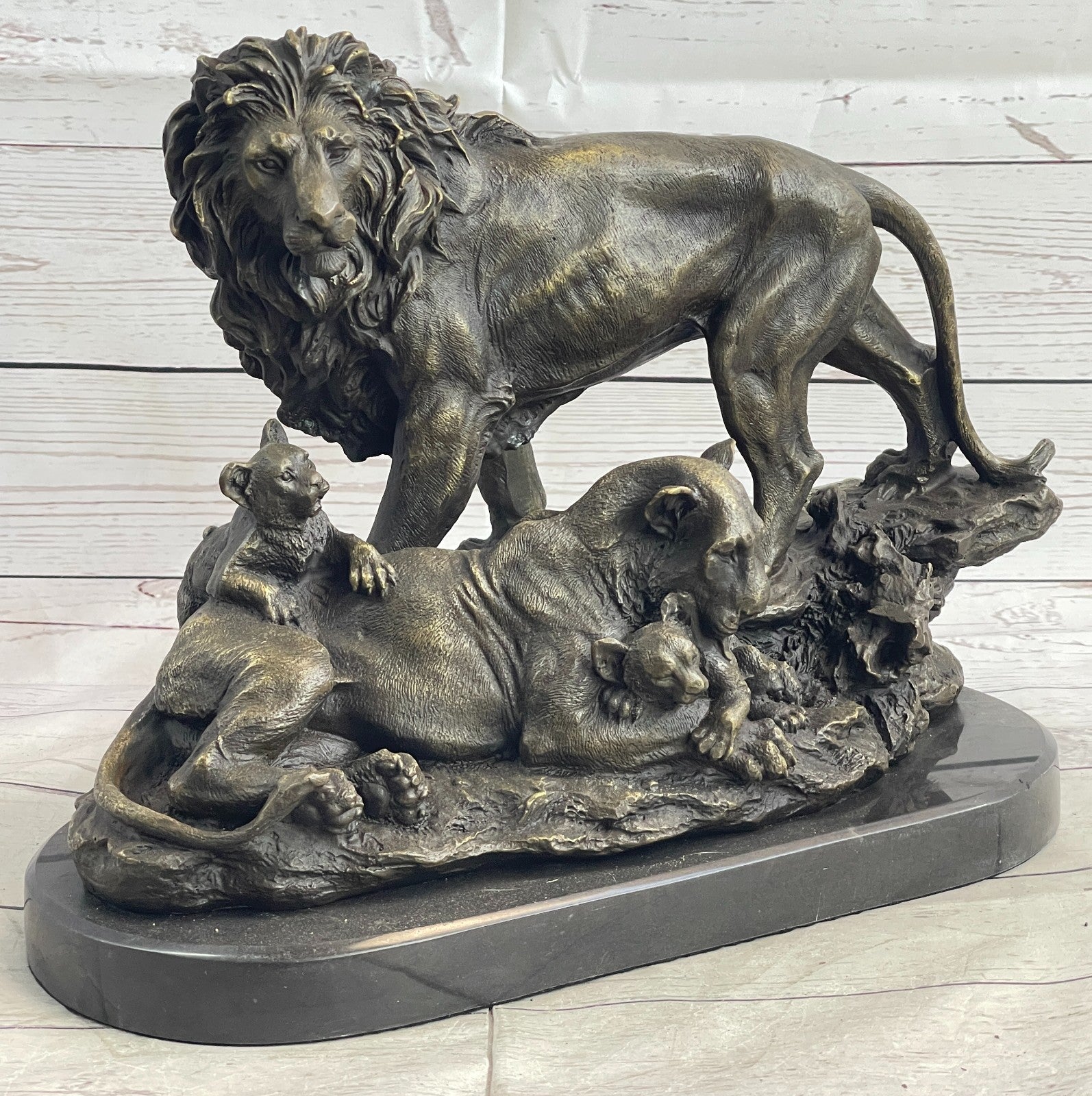 15" “Huge Classic pure Bronze Marble statue Art Lion family Mom Sculpture Art
