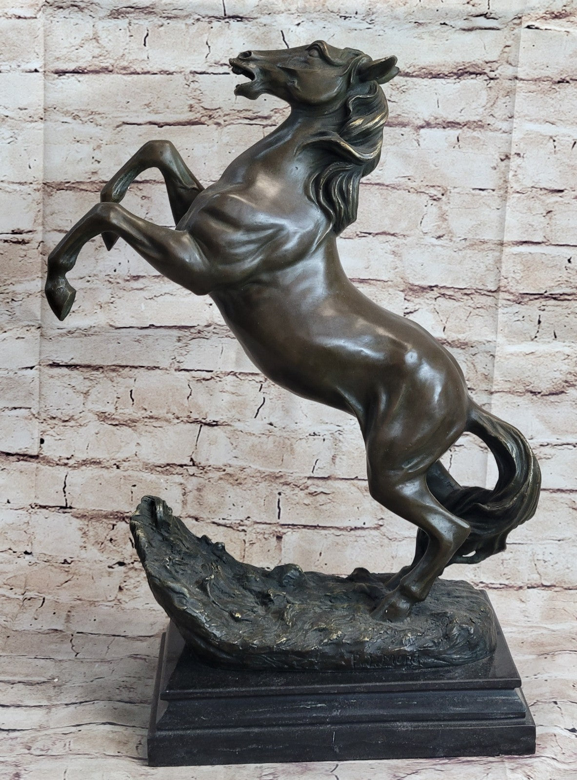 Artistic Tribute: Handmade Bronze Sculpture of Rearing Horse Stallion by P.J Mene