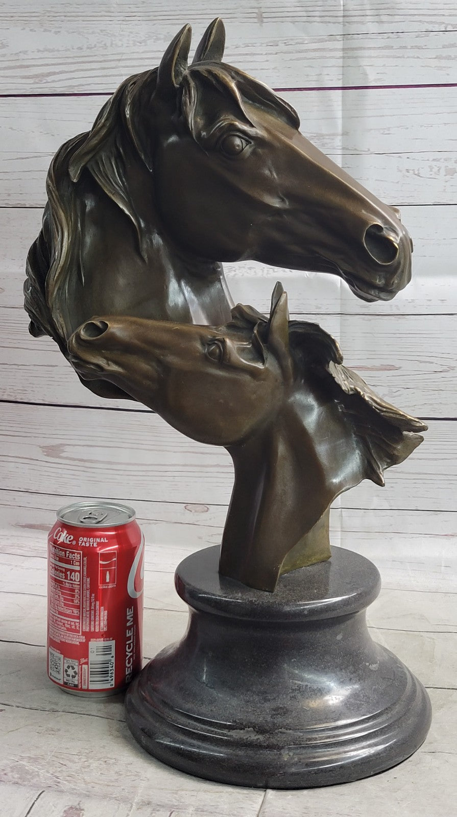 Two Horses Head Bust Bronze Sculpture on Marble Base Figurine Artwork Figure