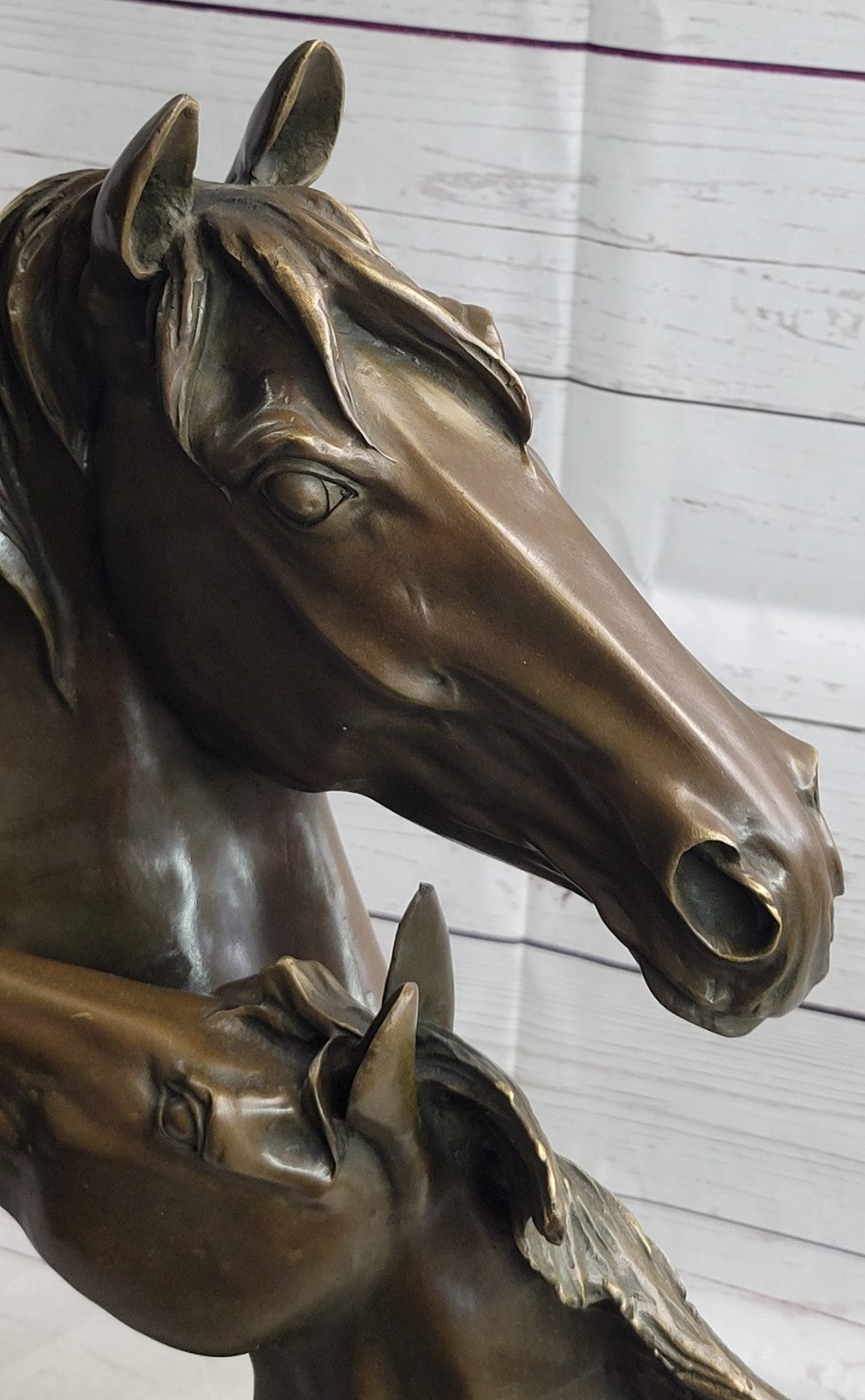 Two Horses Head Bust Bronze Sculpture on Marble Base Figurine Artwork Figure