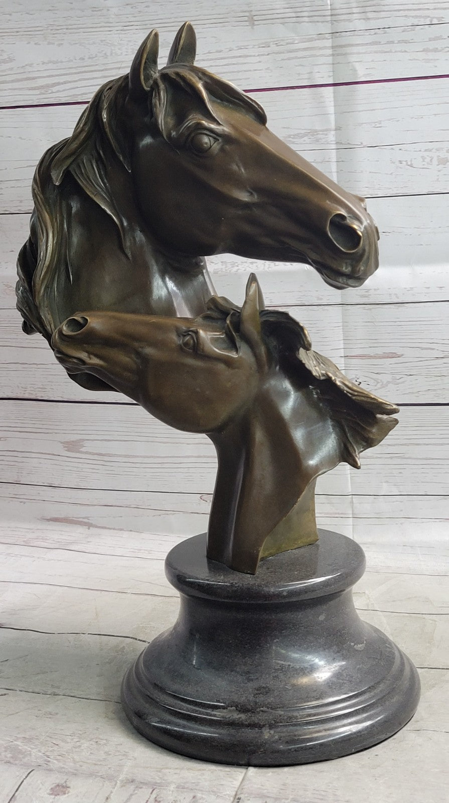 Two Horses Head Bust Bronze Sculpture on Marble Base Figurine Artwork Figure