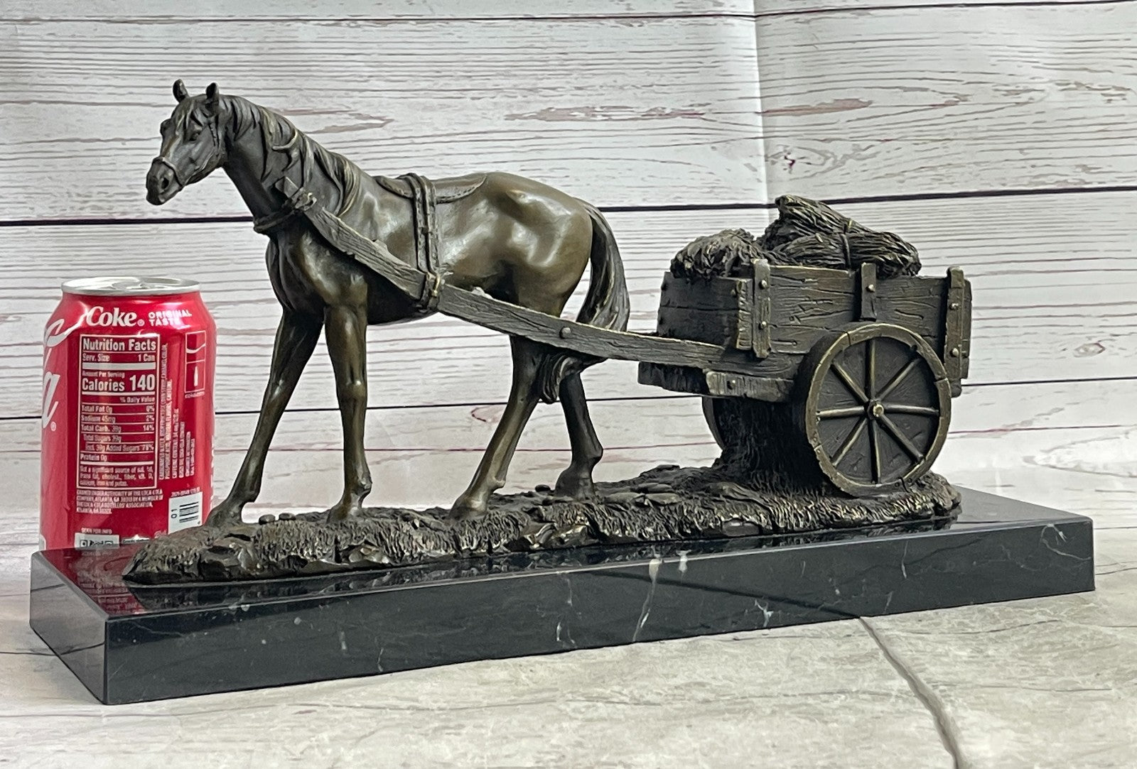 Handcrafted bronze sculpture SALE Carriage With Horse Working Original Signed