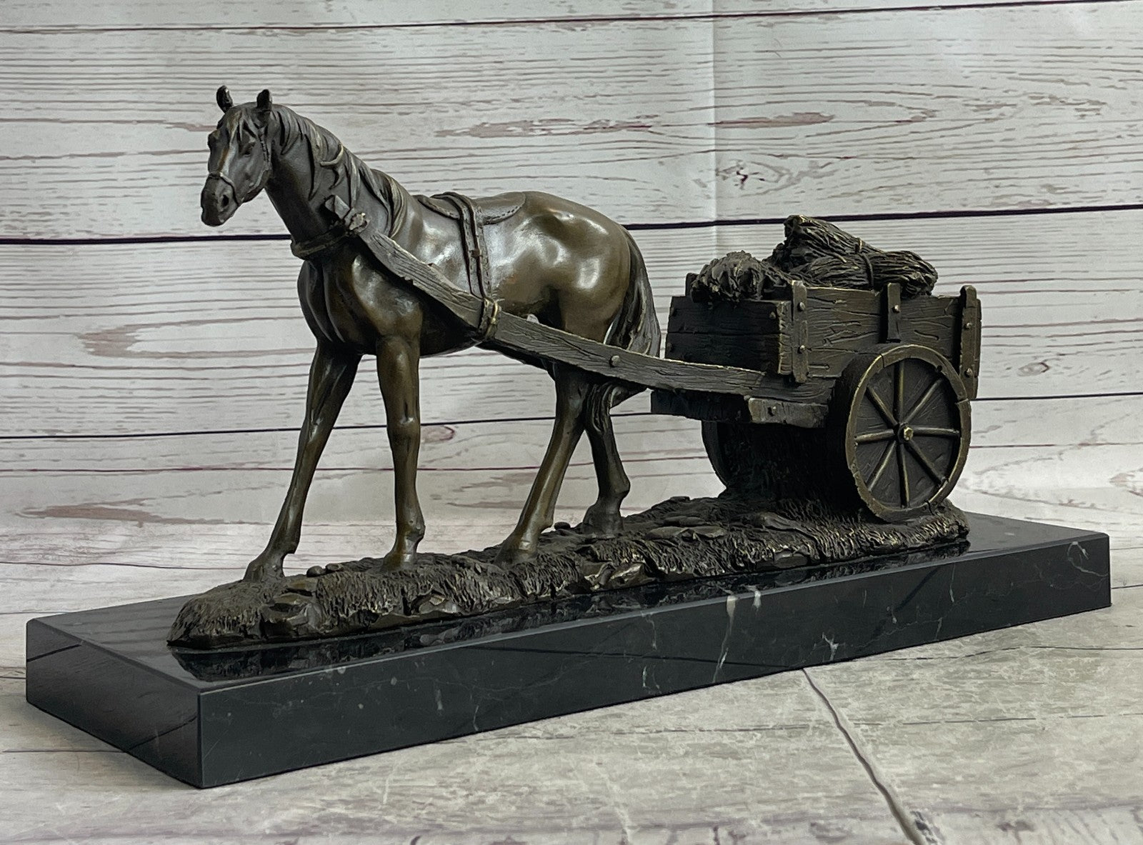 Handcrafted bronze sculpture SALE Carriage With Horse Working Original Signed
