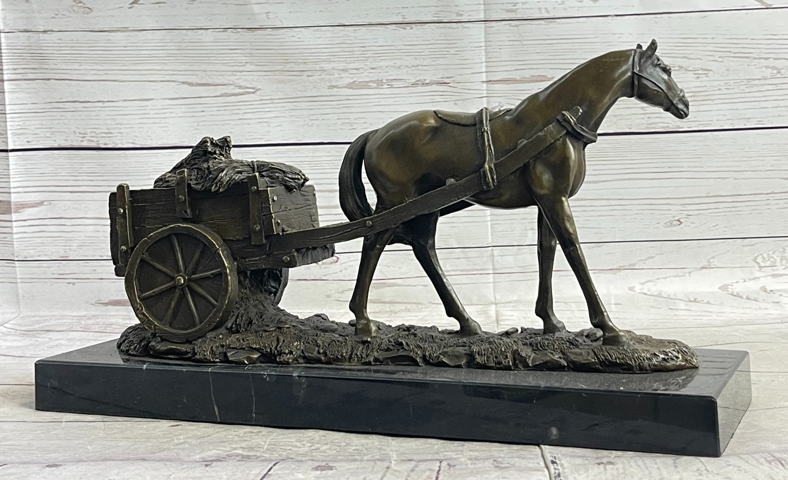 Handcrafted bronze sculpture SALE Carriage With Horse Working Original Signed