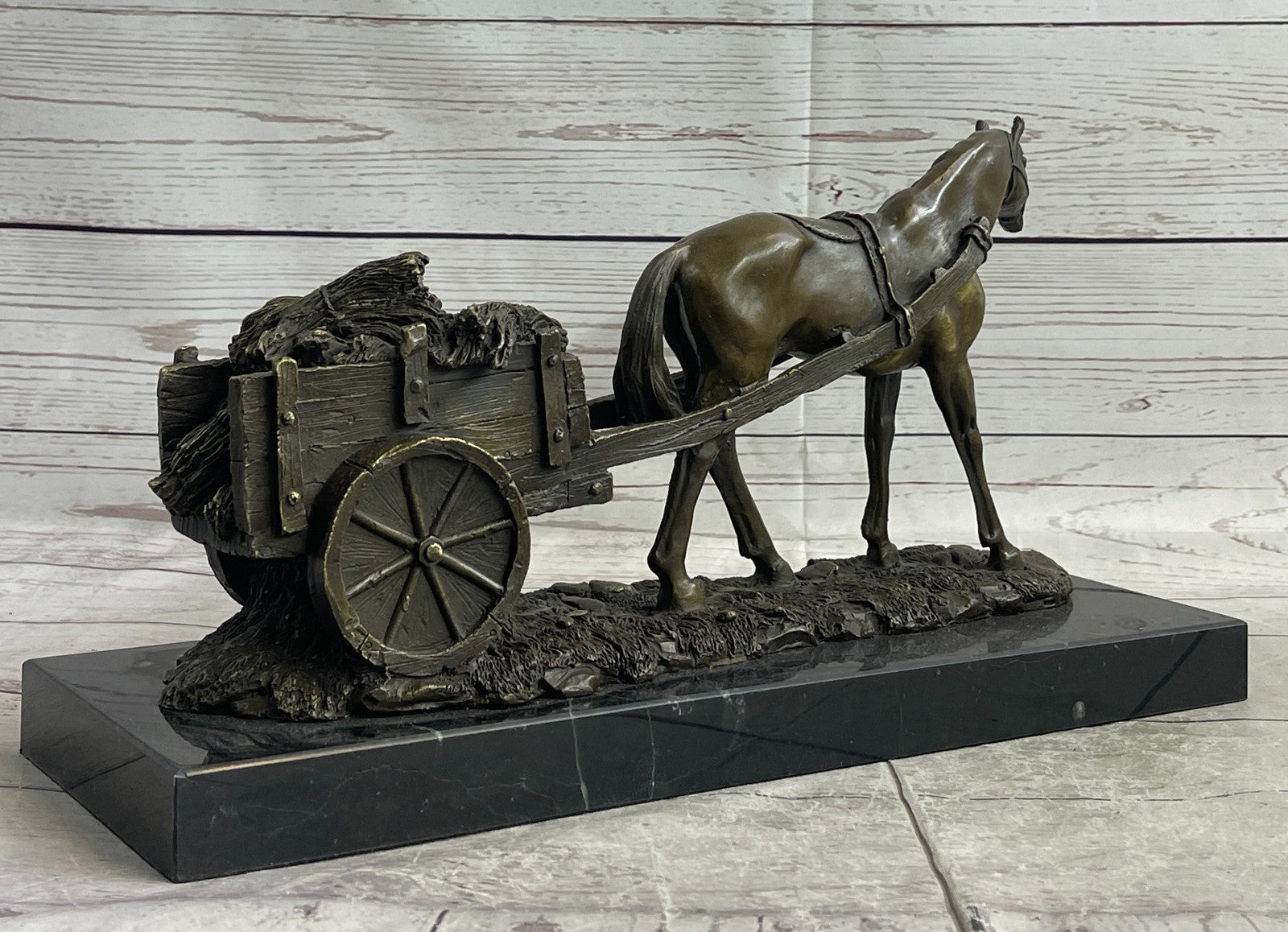 Handcrafted bronze sculpture SALE Carriage With Horse Working Original Signed