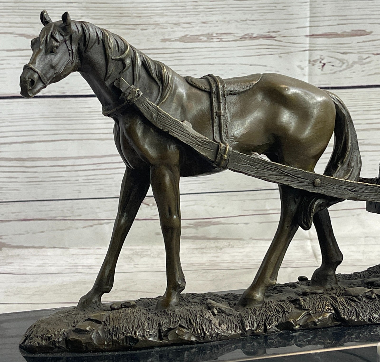 Handcrafted bronze sculpture SALE Carriage With Horse Working Original Signed