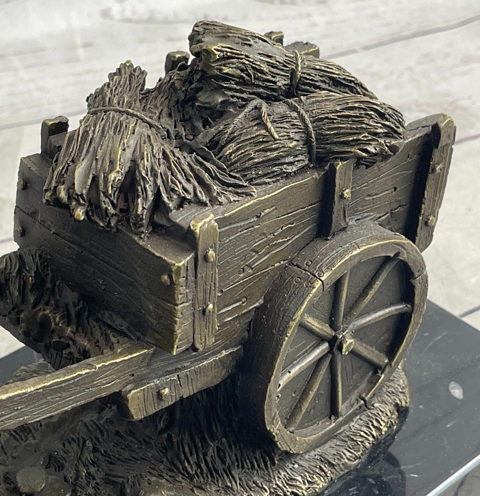 Handcrafted bronze sculpture SALE Carriage With Horse Working Original Signed