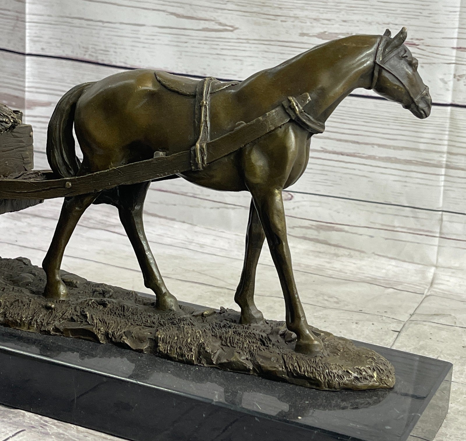 Handcrafted bronze sculpture SALE Carriage With Horse Working Original Signed