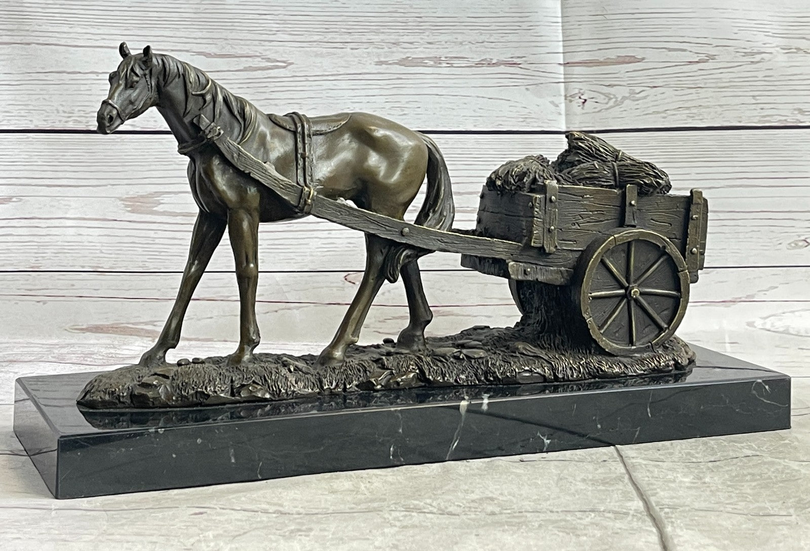Handcrafted bronze sculpture SALE Carriage With Horse Working Original Signed