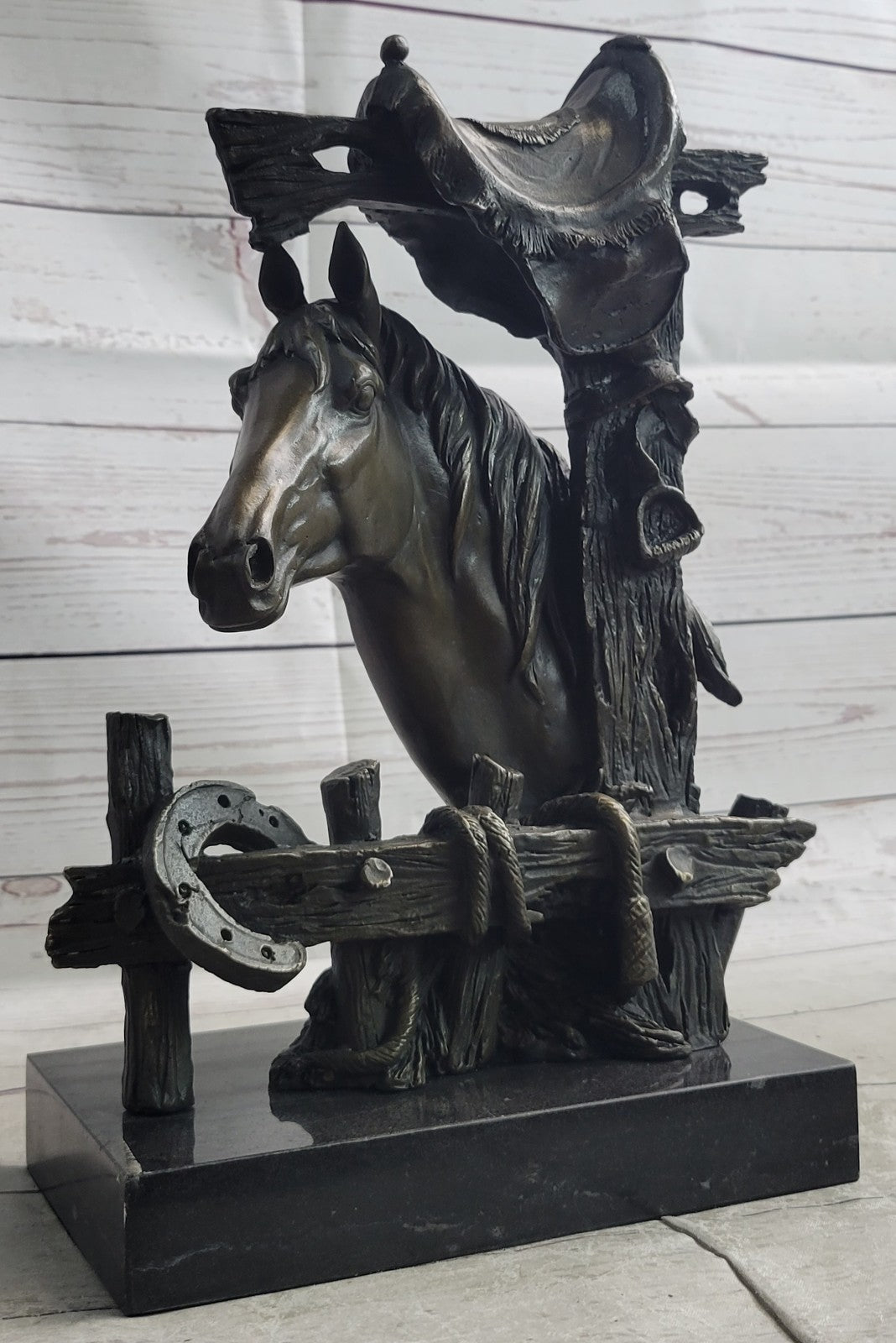 Bronze Statue of a Loving Horse with Saddle in Western Art Cowboy Style